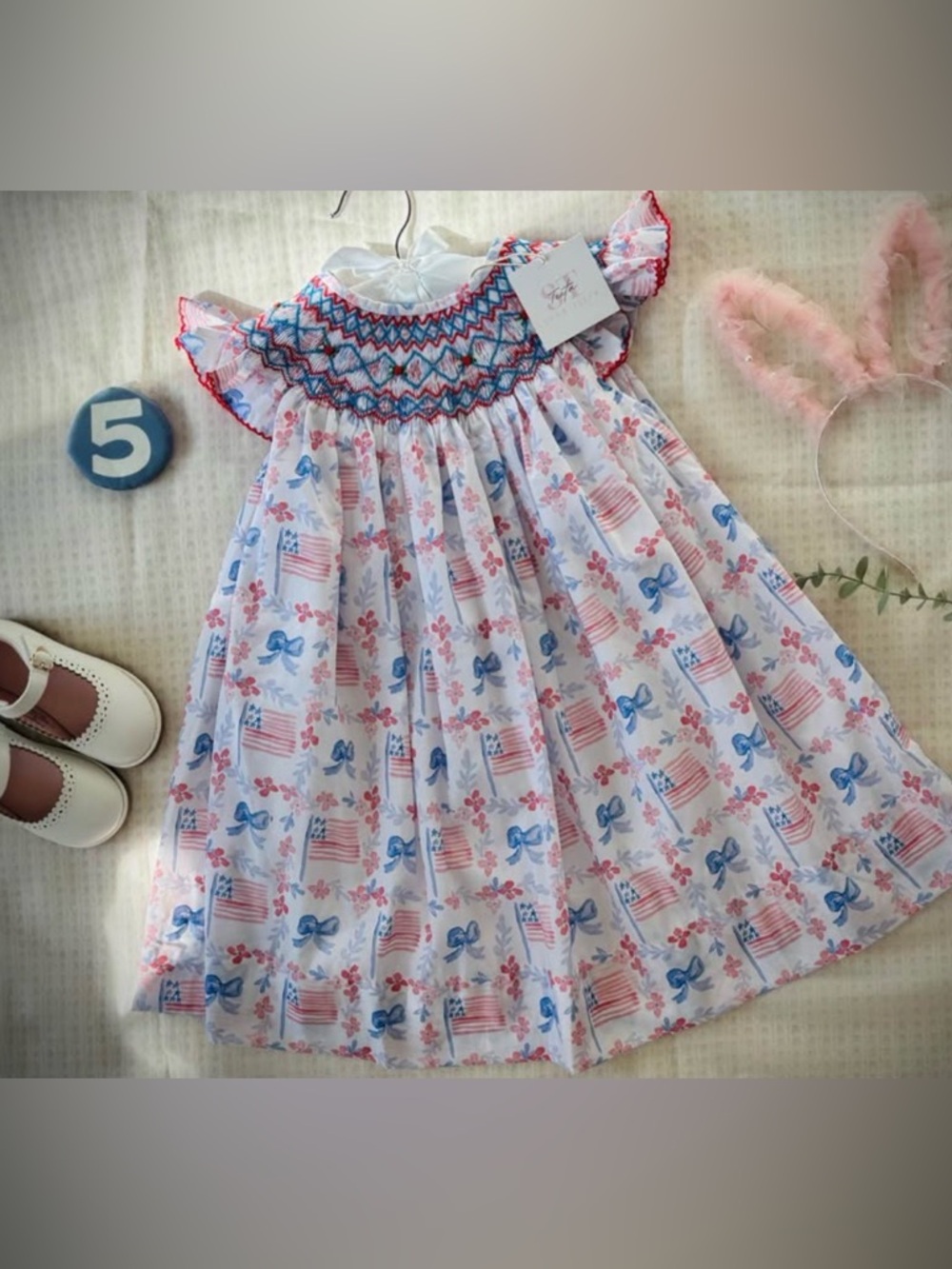 Smocked Floral Baby Dress with Blue and Pink Flowers